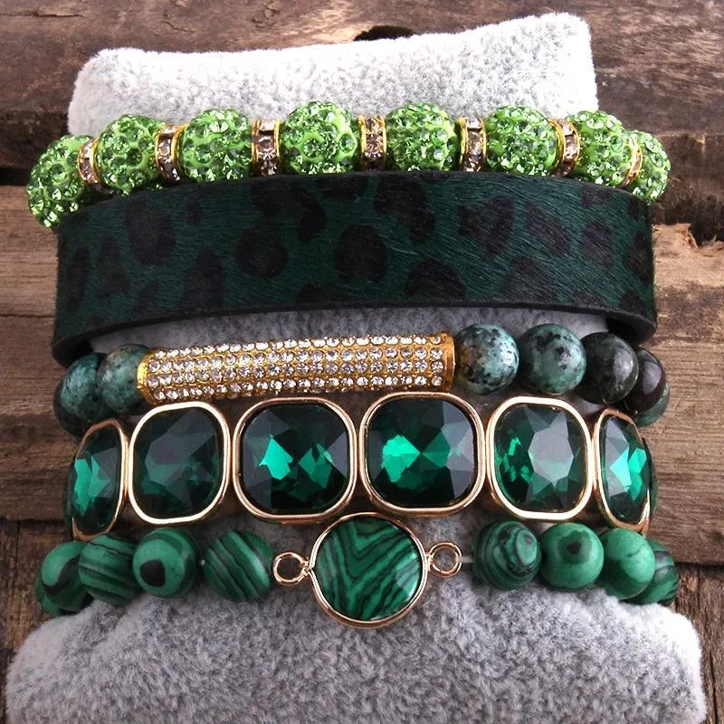 Leather Bracelet Set 5 Pieces Handmade Natural Stone
