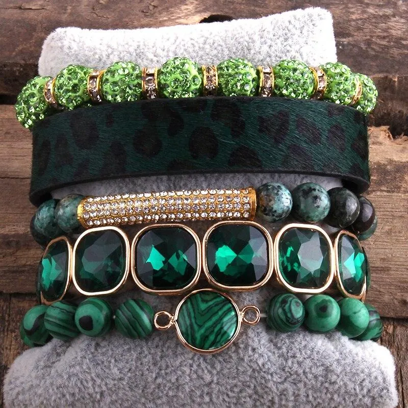 Leather Bracelet Set 5 Pieces Handmade Natural Stone