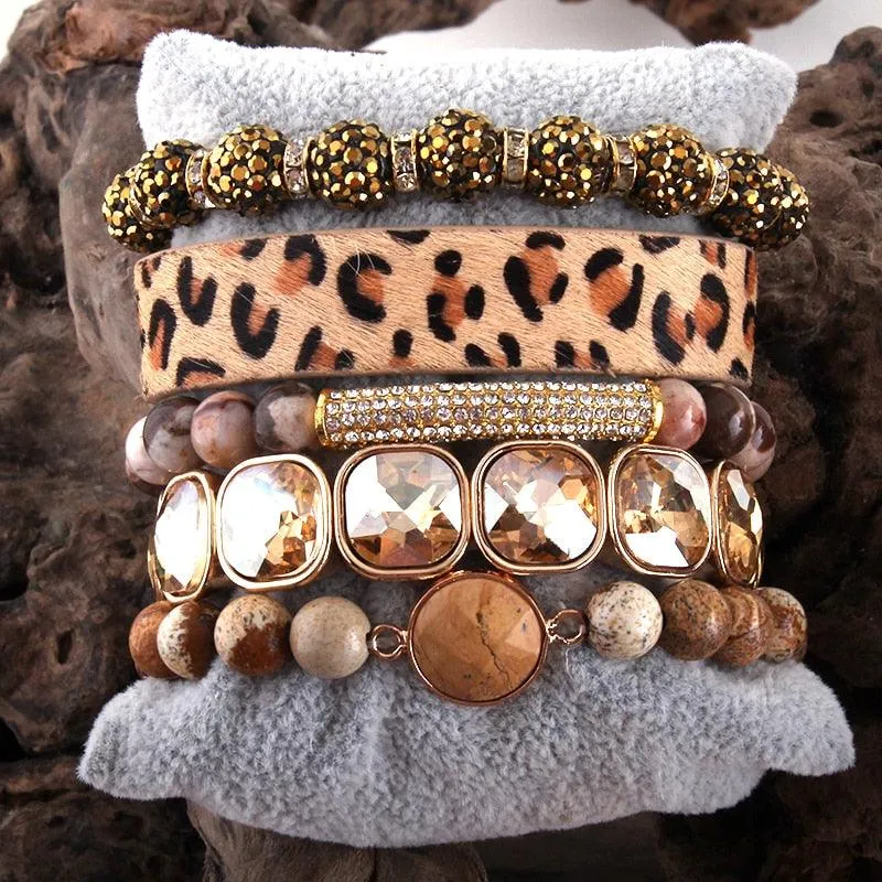 Leather Bracelet Set 5 Pieces Handmade Natural Stone