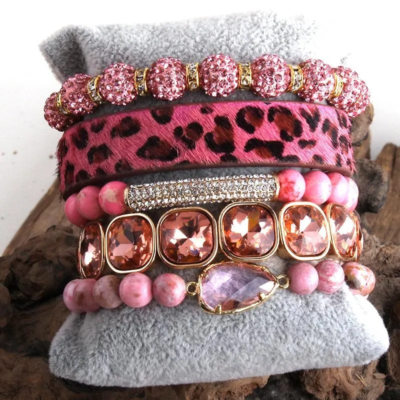 Leather Bracelet Set 5 Pieces Handmade Natural Stone