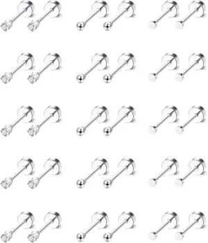 LOLIAS 15 Pairs Tiny Surgical Steel Gold Stud Earrings, Comfortable Screw Back Flat Back Earrings with CZ Dot Ball Stones, 2mm, 20G