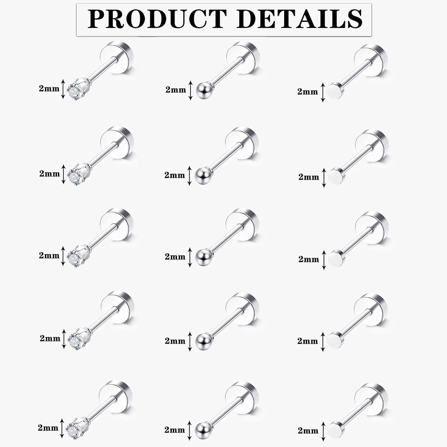 LOLIAS 15 Pairs Tiny Surgical Steel Gold Stud Earrings, Comfortable Screw Back Flat Back Earrings with CZ Dot Ball Stones, 2mm, 20G