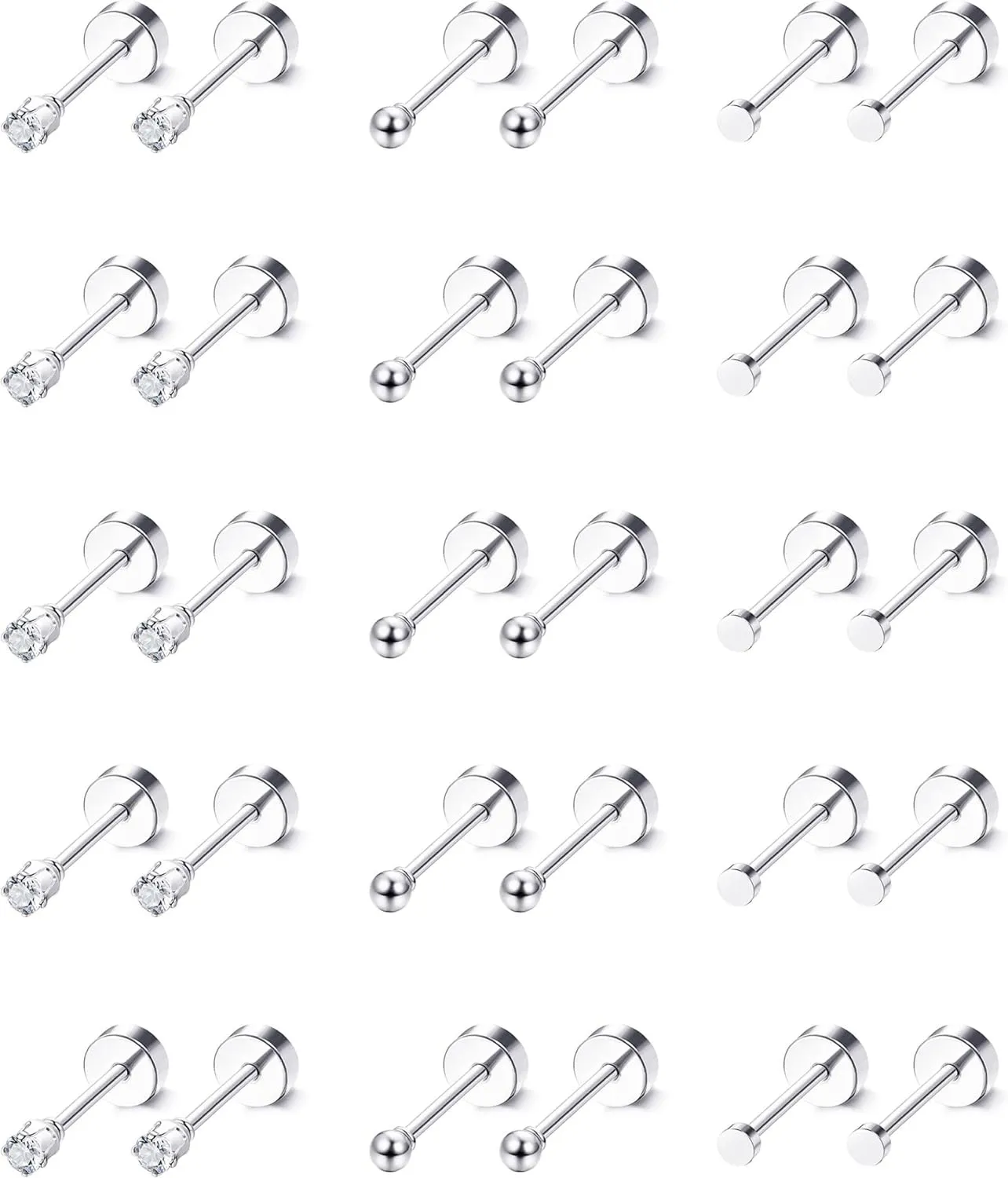 LOLIAS 15 Pairs Tiny Surgical Steel Gold Stud Earrings, Comfortable Screw Back Flat Back Earrings with CZ Dot Ball Stones, 2mm, 20G