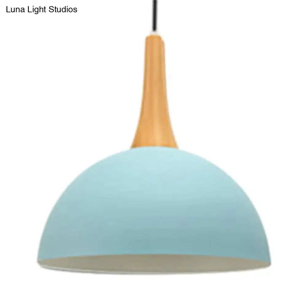 Macaron Hanging Lamp - Single Bulb Aluminum Pendant Light for Living Room - Bowl Shade Design in Dark Blue, Light Blue, and Pink