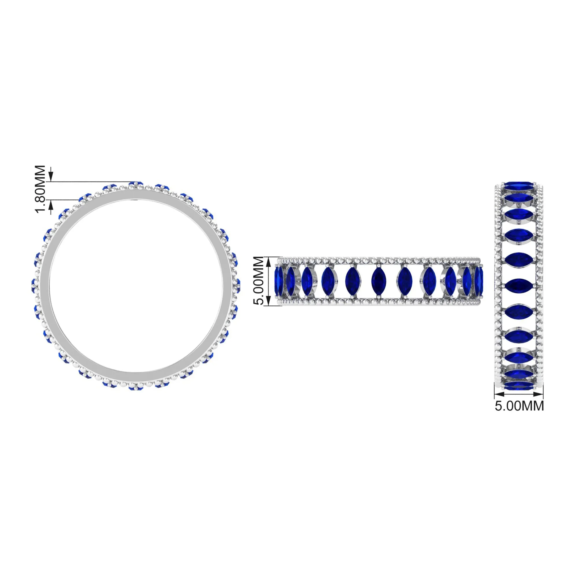 Marquise Cut Created Blue Sapphire Eternity Band with Beaded Detailing