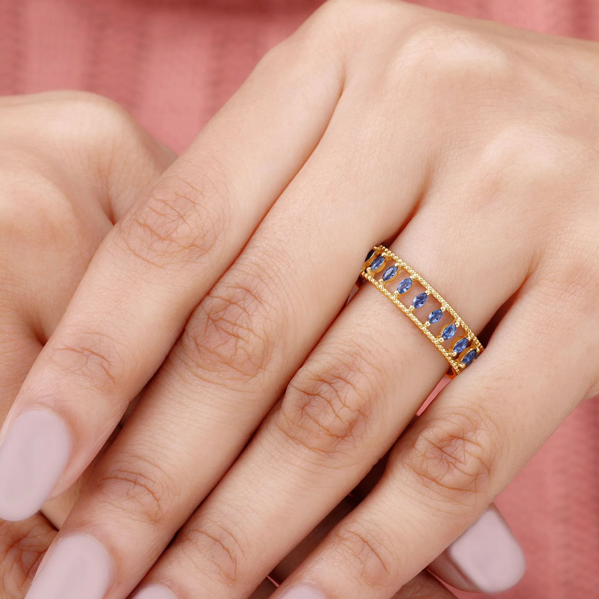 Marquise Cut Created Blue Sapphire Eternity Band with Beaded Detailing