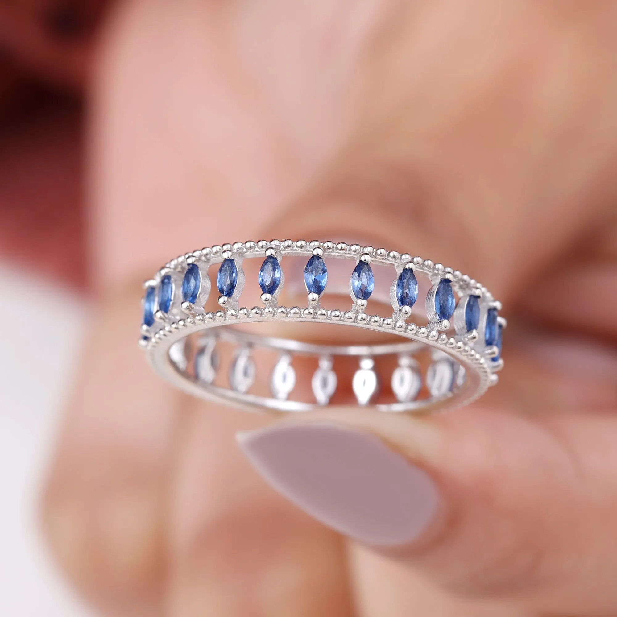 Marquise Cut Created Blue Sapphire Eternity Band with Beaded Detailing