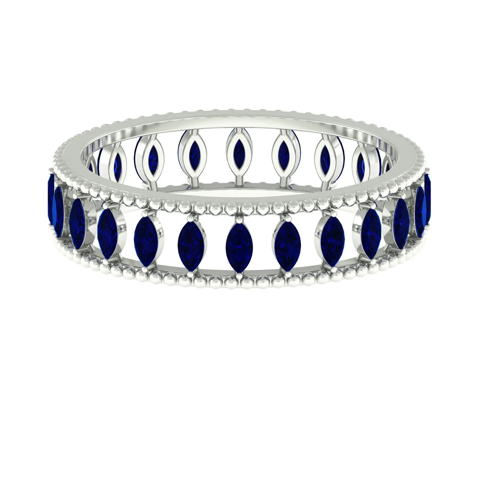 Marquise Cut Created Blue Sapphire Eternity Band with Beaded Detailing