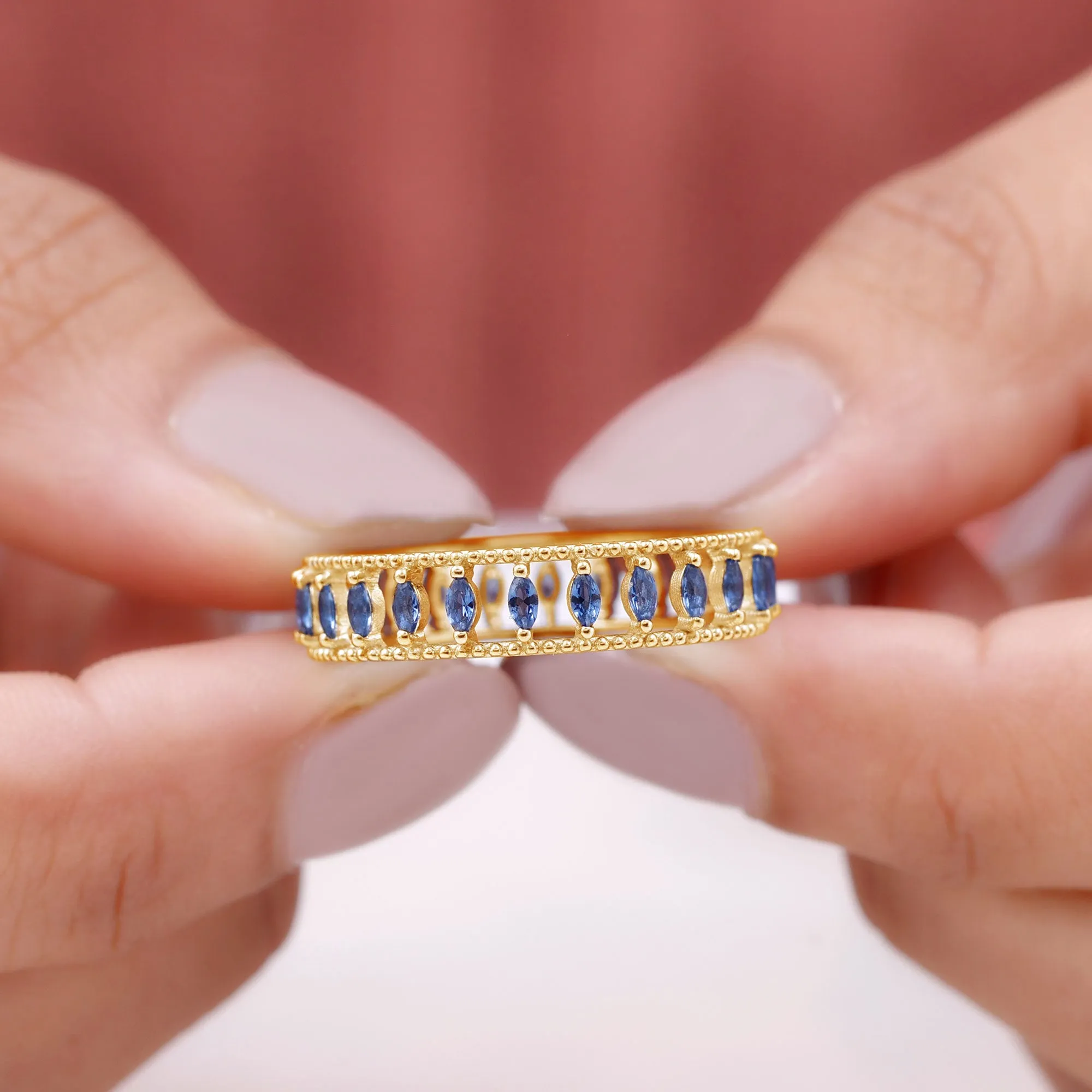 Marquise Cut Created Blue Sapphire Eternity Band with Beaded Detailing