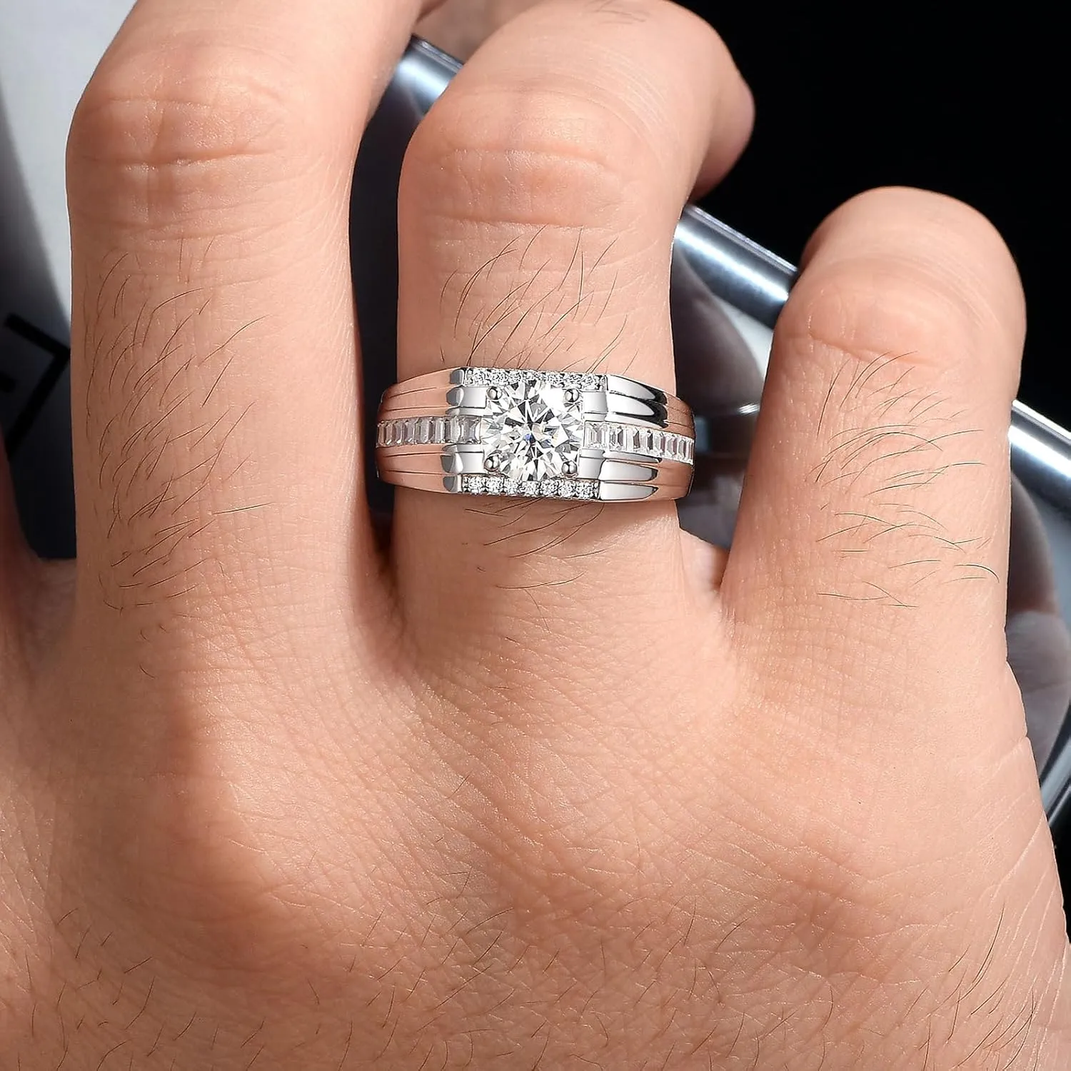 Mens Moissanite Wedding Ring Band Solitaire Stone 925 Sterling Silver Ring 2cttw D Color VVS1 Clarity Brilliant Round Cut Engagement Rings For Men Size 7-14