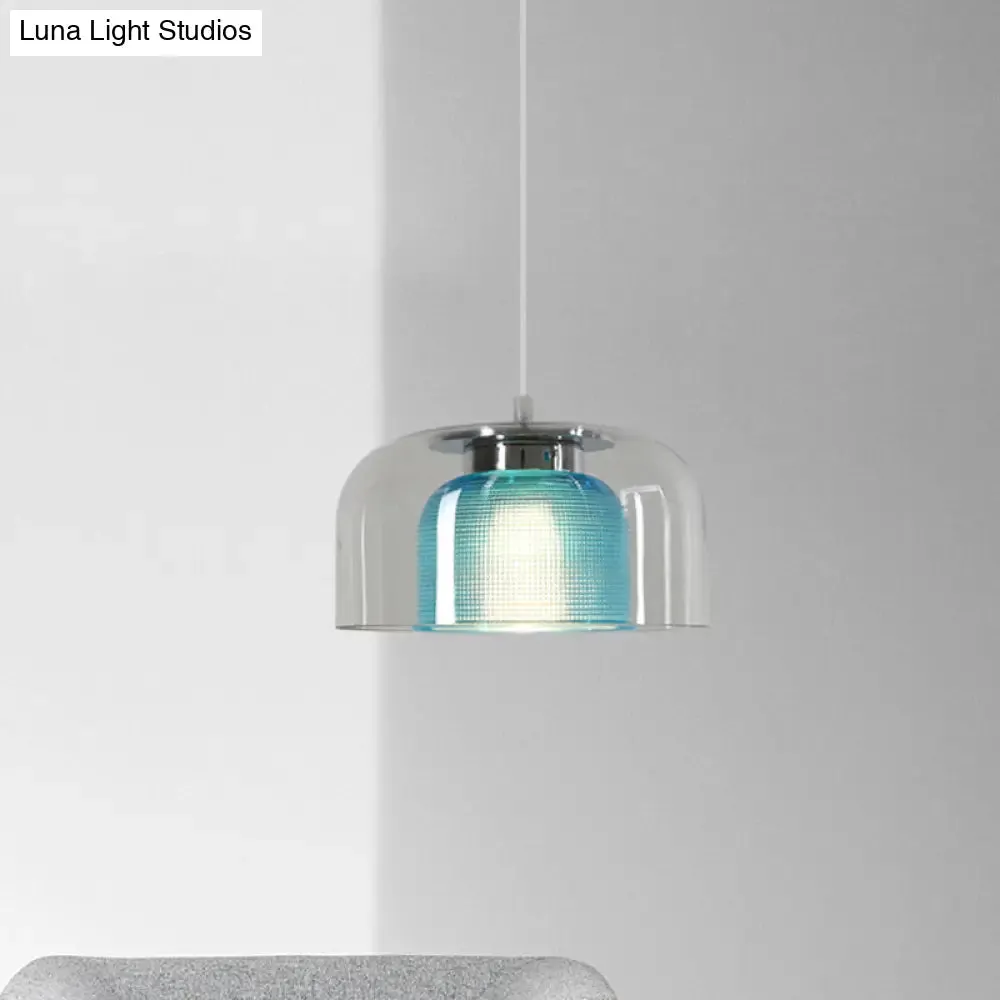 Modern Clear and Blue Glass Bowl Pendant Light - Stylish Suspension Lamp for Restaurants
