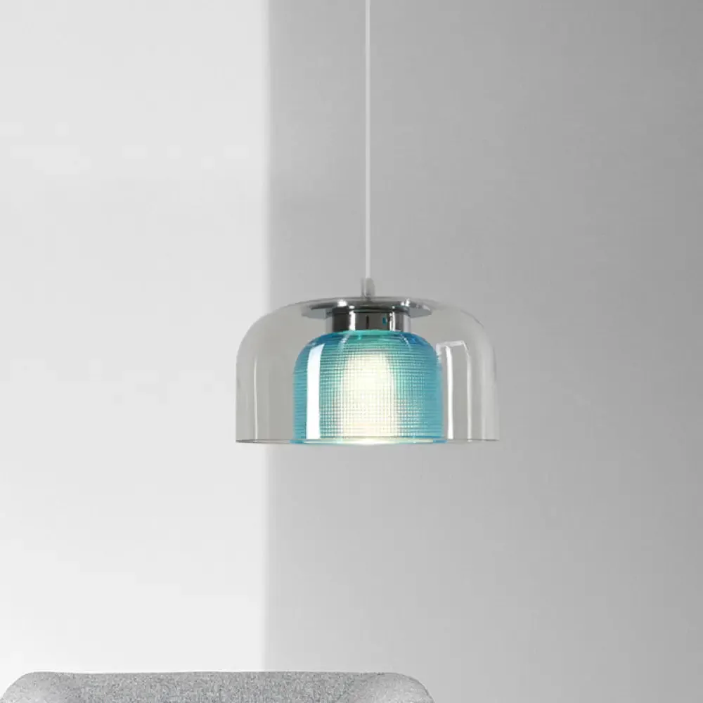 Modern Clear and Blue Glass Bowl Pendant Light - Stylish Suspension Lamp for Restaurants