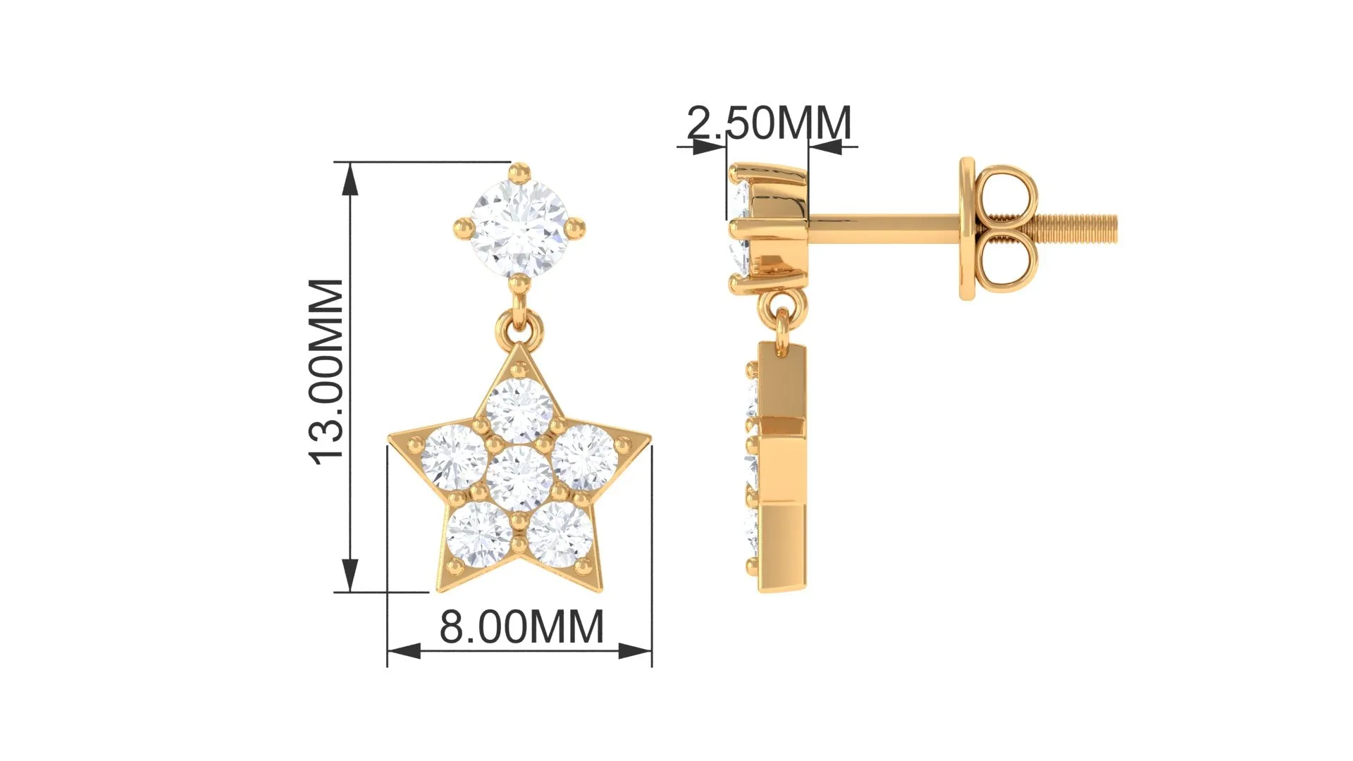 Natural Diamond Star Drop Earrings with Screw Back
