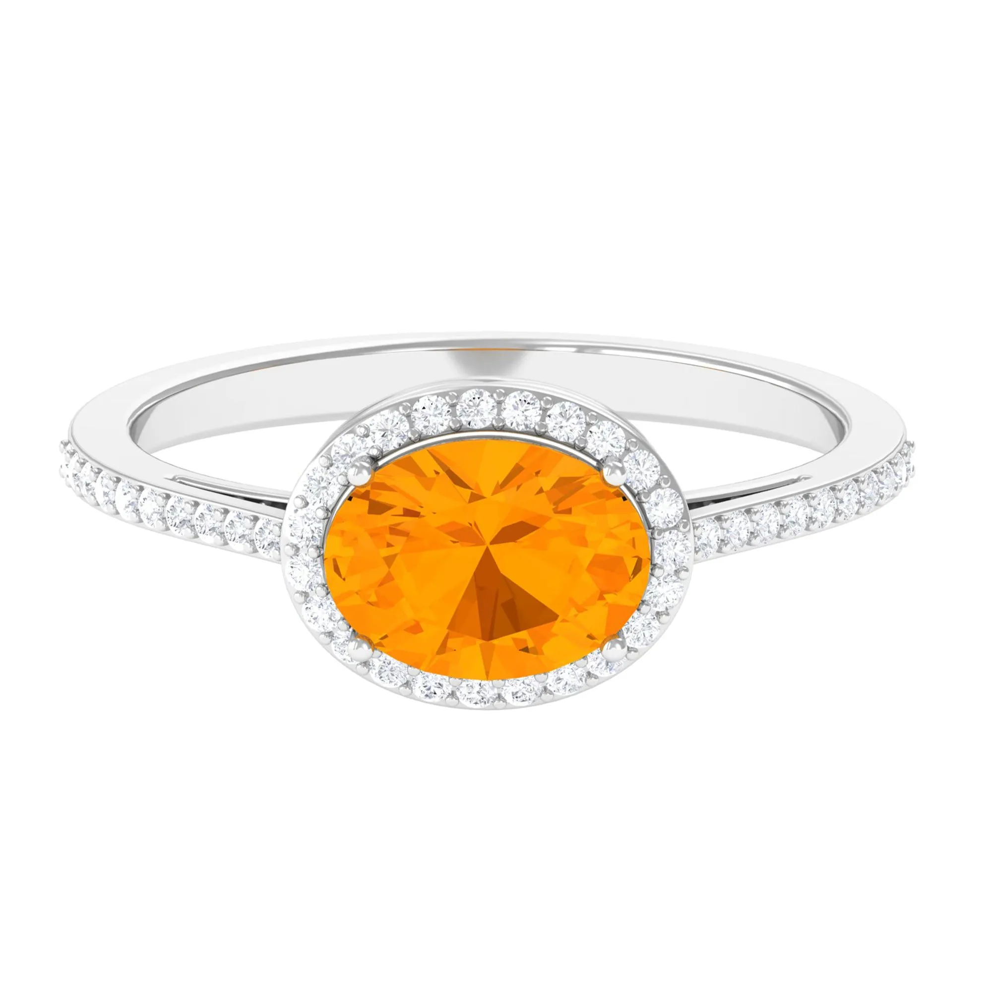Oval Cut Fire Opal East West Engagement Ring with Diamond Halo