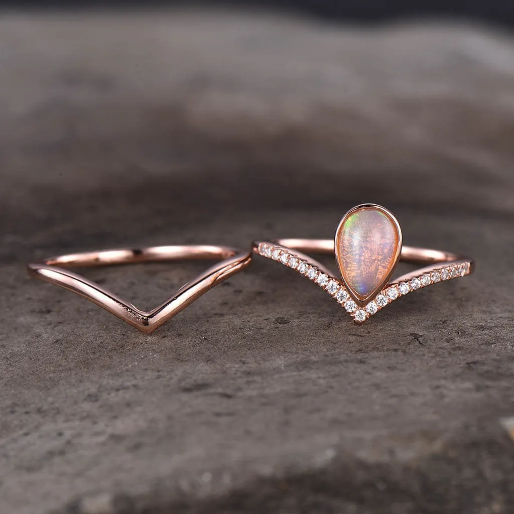 Pear Natural Pink Opal Engagement Ring Set Plain Gold 14k/18k Shaped Band