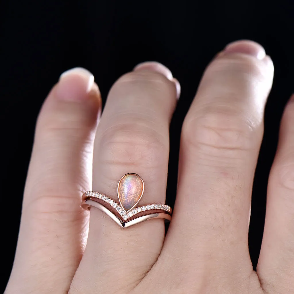 Pear Natural Pink Opal Engagement Ring Set Plain Gold 14k/18k Shaped Band