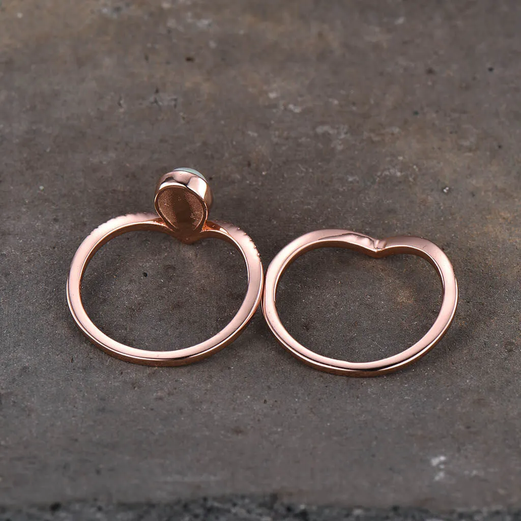 Pear Natural Pink Opal Engagement Ring Set Plain Gold 14k/18k Shaped Band