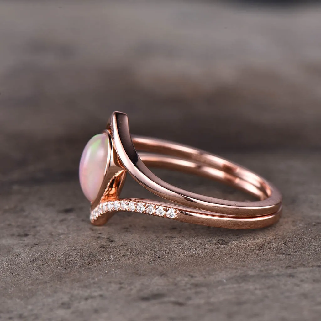Pear Natural Pink Opal Engagement Ring Set Plain Gold 14k/18k Shaped Band