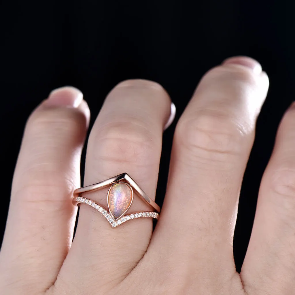 Pear Natural Pink Opal Engagement Ring Set Plain Gold 14k/18k Shaped Band