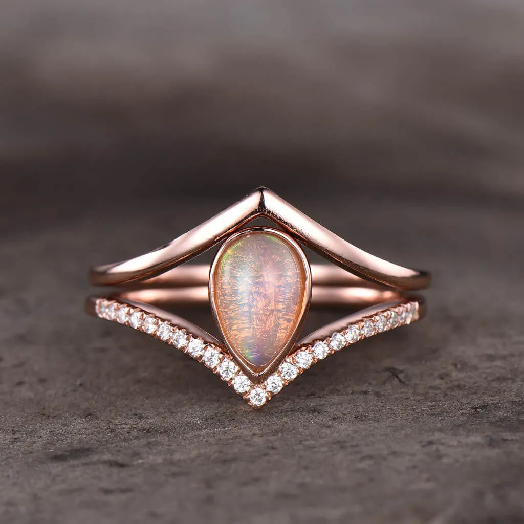 Pear Natural Pink Opal Engagement Ring Set Plain Gold 14k/18k Shaped Band