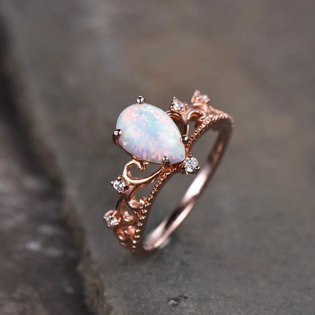 Pear Shaped Opal Diamond Engagement Ring Floral Rose Gold Queen