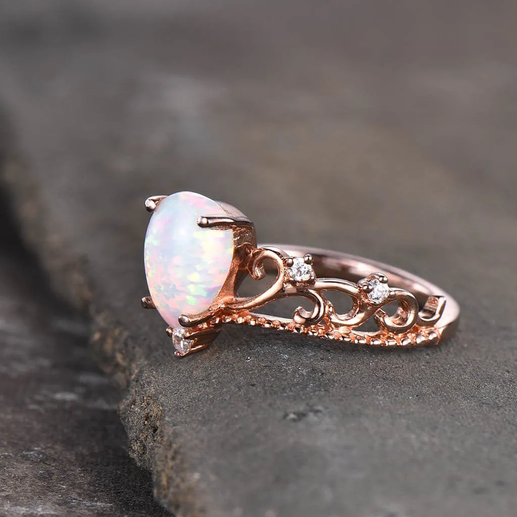 Pear Shaped Opal Diamond Engagement Ring Floral Rose Gold Queen