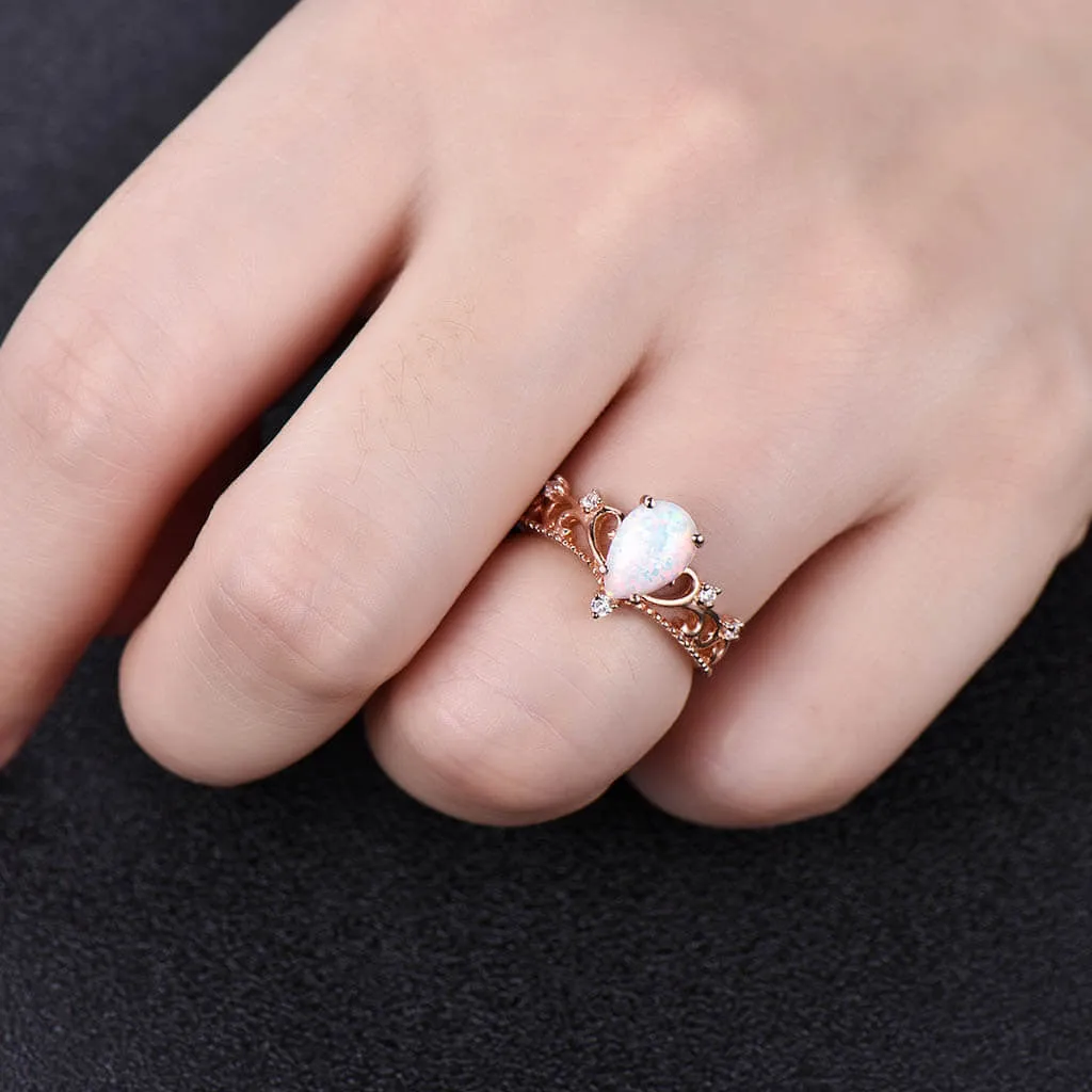 Pear Shaped Opal Diamond Engagement Ring Floral Rose Gold Queen