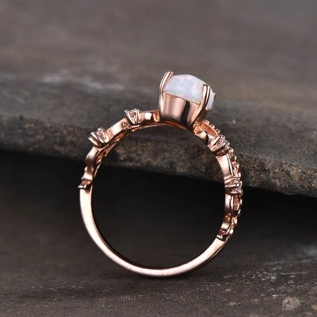 Pear Shaped Opal Diamond Engagement Ring Floral Rose Gold Queen