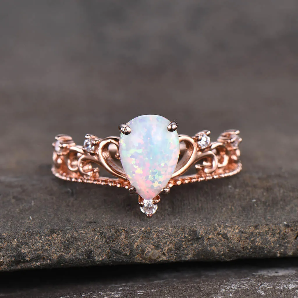 Pear Shaped Opal Diamond Engagement Ring Floral Rose Gold Queen