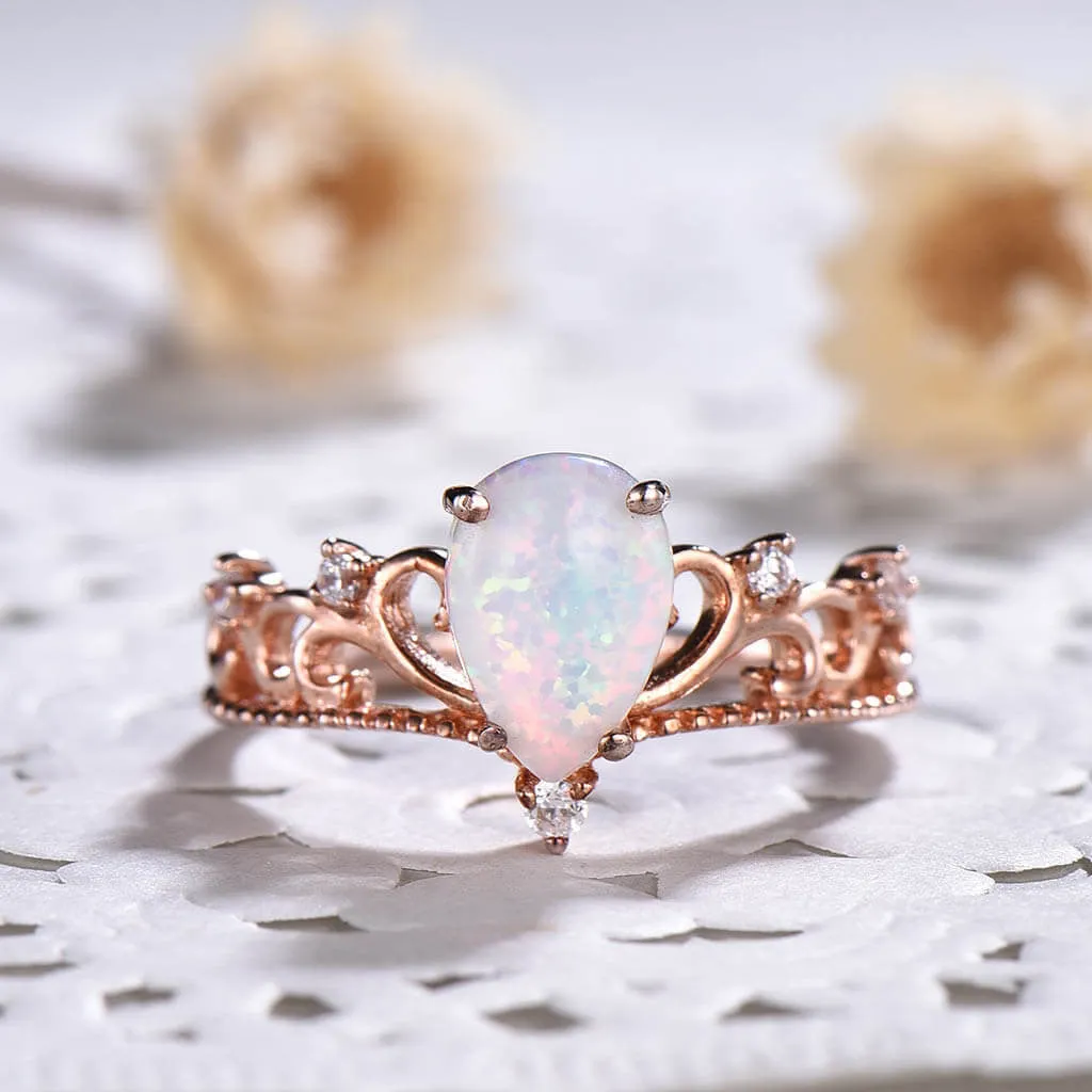 Pear Shaped Opal Diamond Engagement Ring Floral Rose Gold Queen