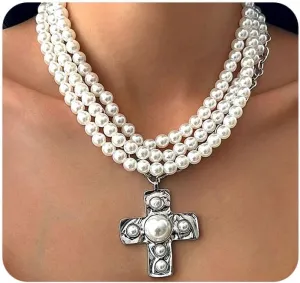 Pearl Cross Necklaces for Women,Chunky Crucifix Pendant Pearl Layered Necklaces Stack Y2k Statement Necklace,Gothic Jewelry Accessories Baptism Gifts