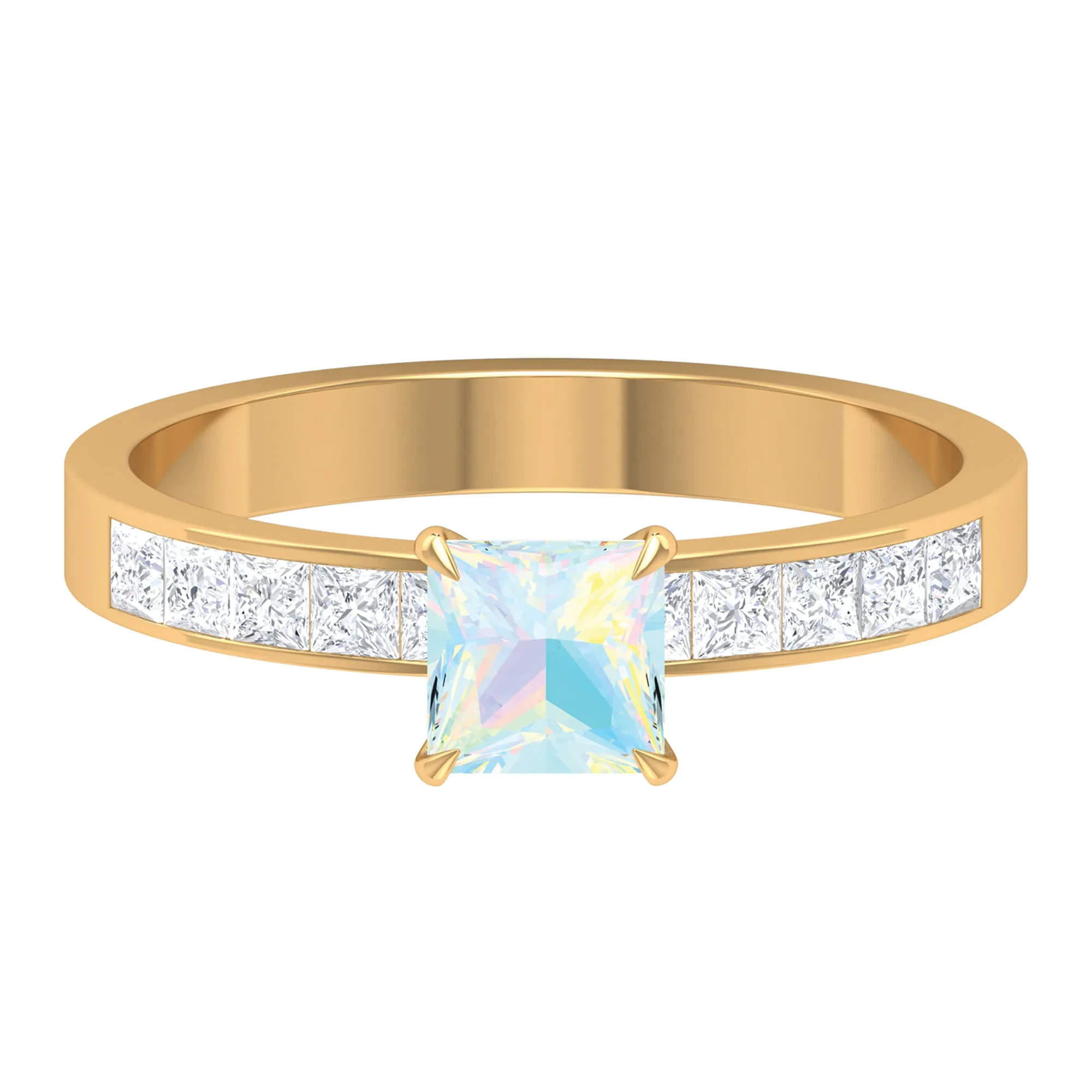 Princess Cut Ethiopian Opal Solitaire Ring with Diamond Side Stones