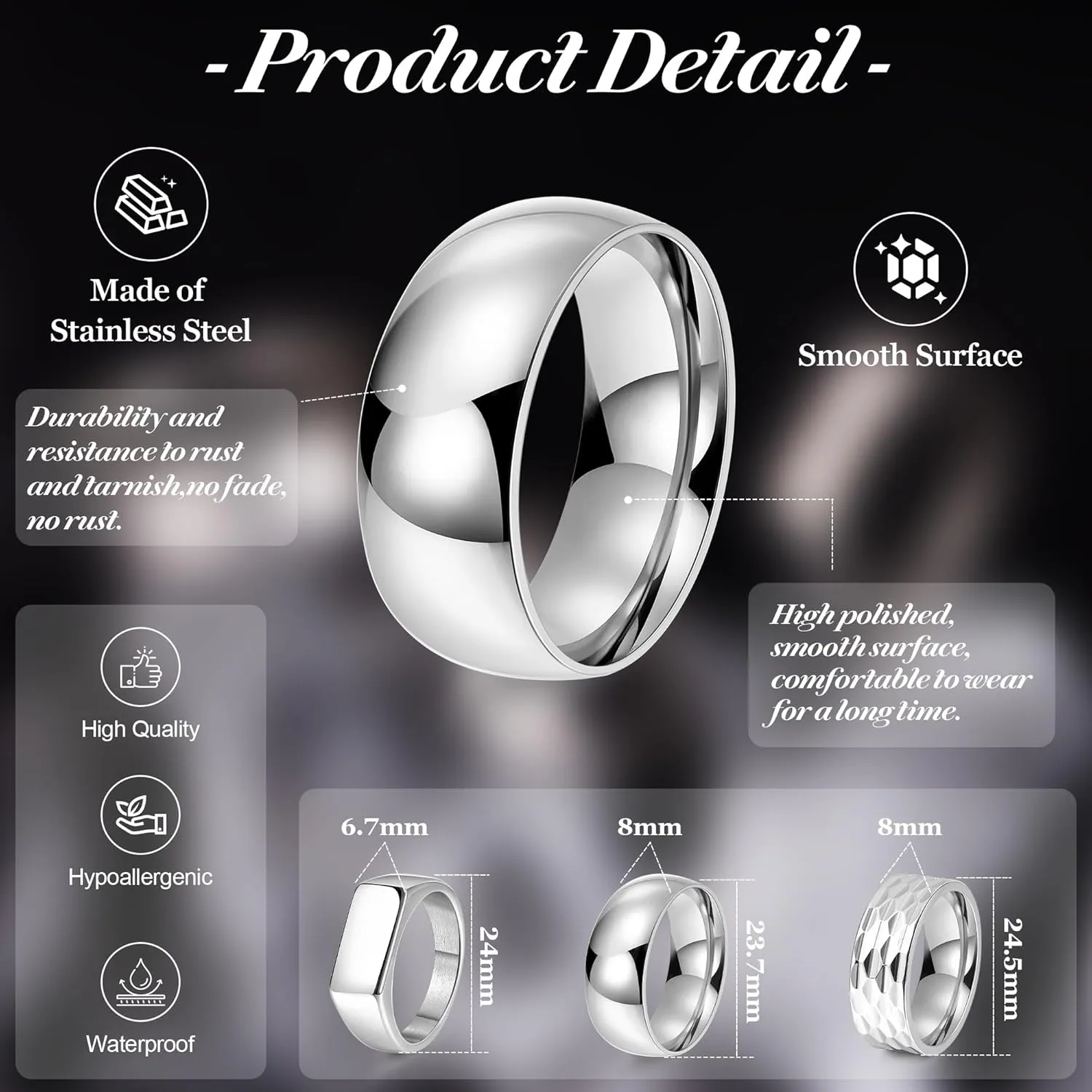 REVOLIA 3Pcs Stainless Steel Rings for Men 8MM Hammered Wedding Ring Set Square Signet Rings Pinky Silver Ring Simple Mens Band Rings Gold/Black/Silver Size 7-13