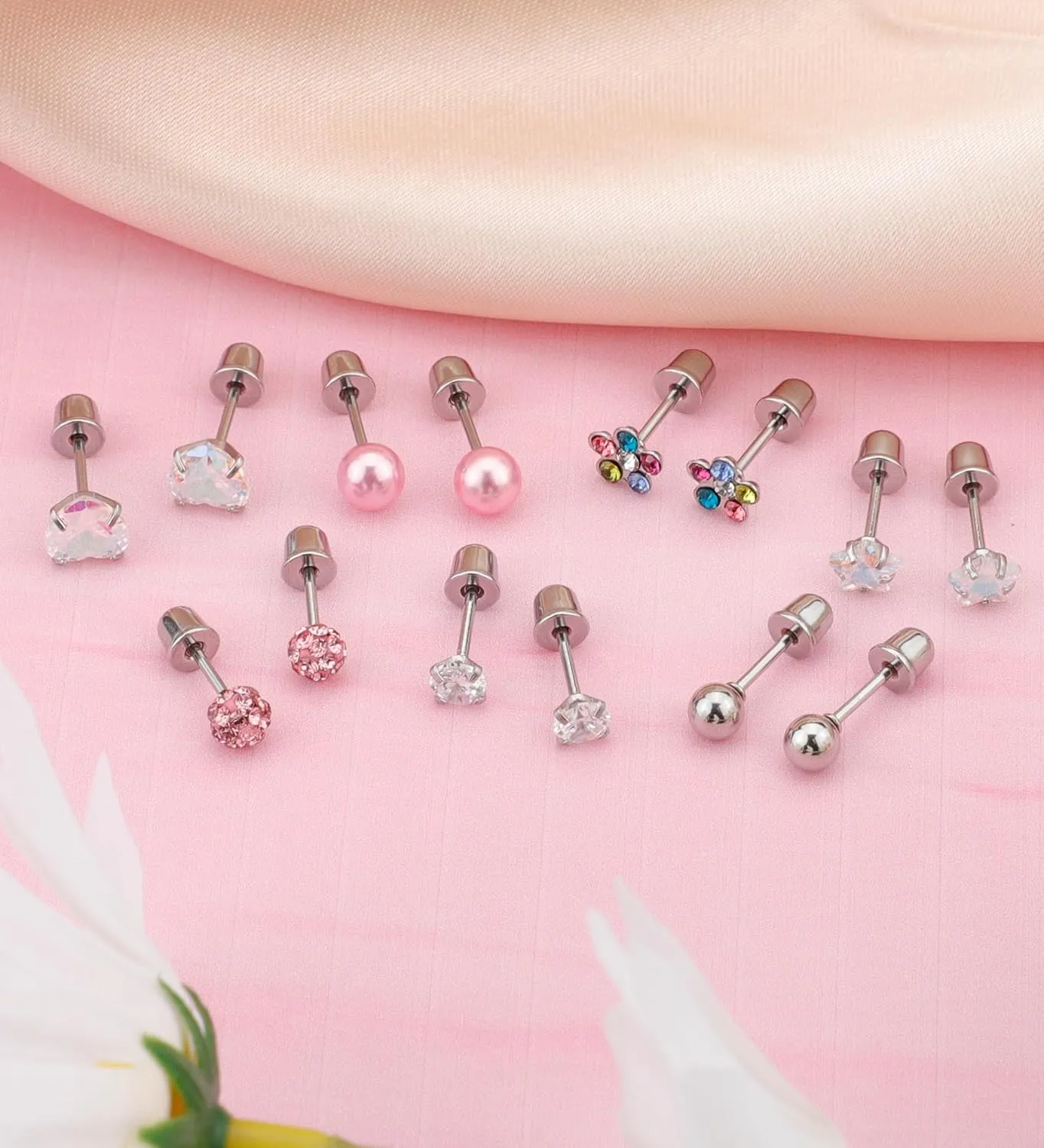 Staligue 8 & 21 Pairs Hypoallergenic Screw Back Earrings for Women  20G Surgical Steel Flat Back Studs with Heart, CZ, Pearl, Star & Ball Designs | Tiny Cartilage Jewelry Options