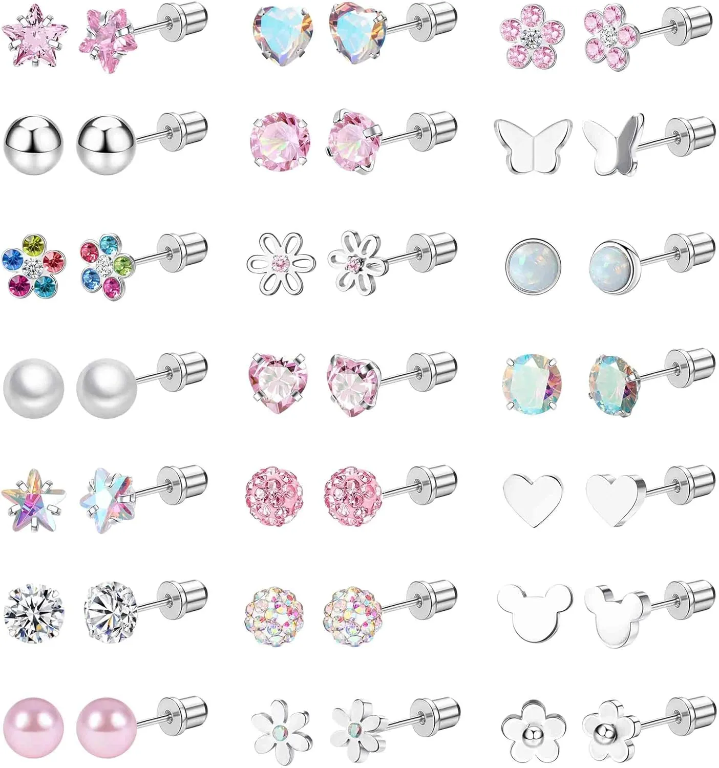 Staligue 8 & 21 Pairs Hypoallergenic Screw Back Earrings for Women  20G Surgical Steel Flat Back Studs with Heart, CZ, Pearl, Star & Ball Designs | Tiny Cartilage Jewelry Options
