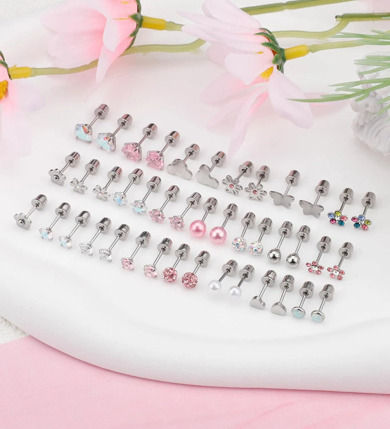 Staligue 8 & 21 Pairs Hypoallergenic Screw Back Earrings for Women  20G Surgical Steel Flat Back Studs with Heart, CZ, Pearl, Star & Ball Designs | Tiny Cartilage Jewelry Options