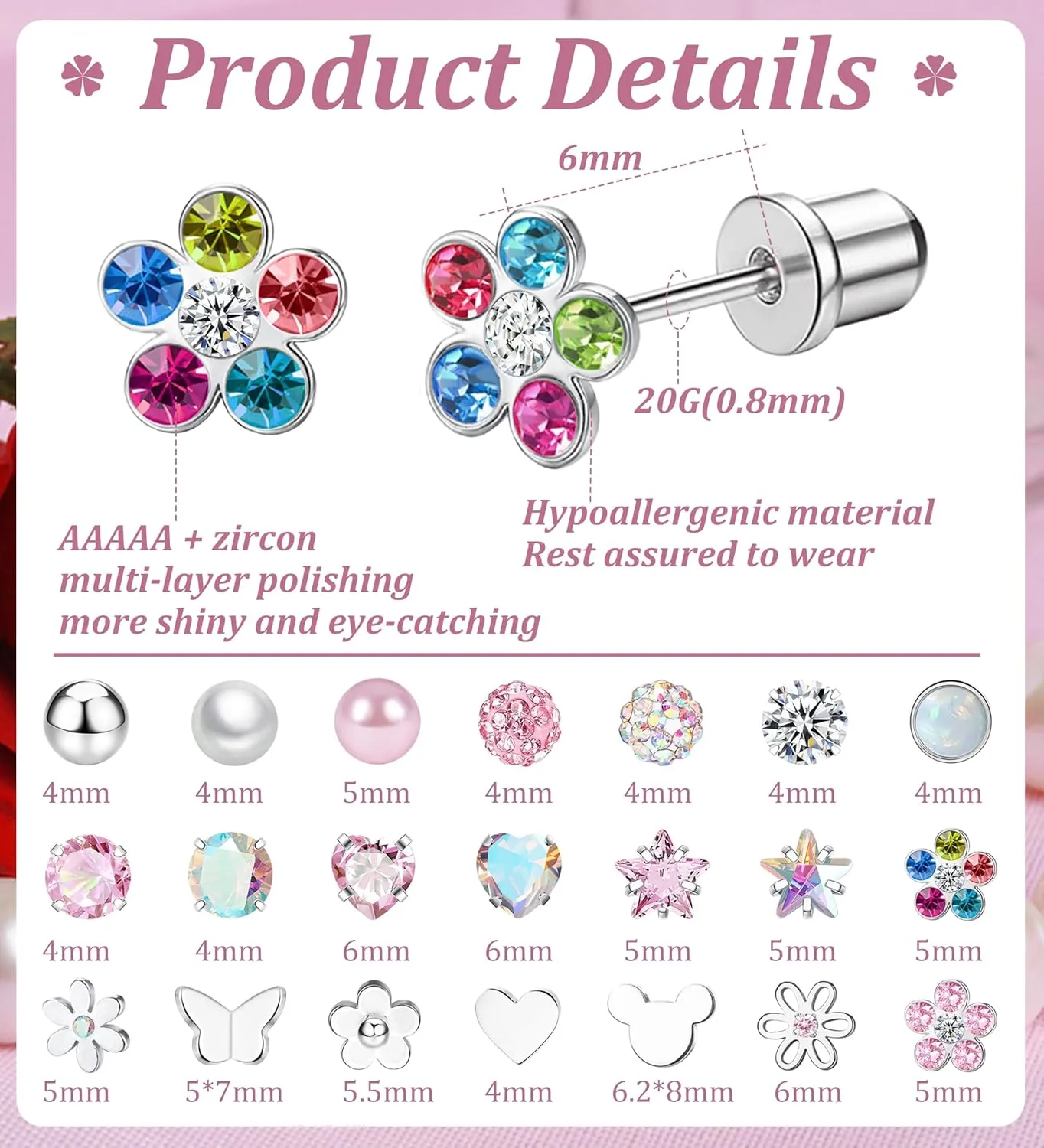 Staligue 8 & 21 Pairs Hypoallergenic Screw Back Earrings for Women  20G Surgical Steel Flat Back Studs with Heart, CZ, Pearl, Star & Ball Designs | Tiny Cartilage Jewelry Options
