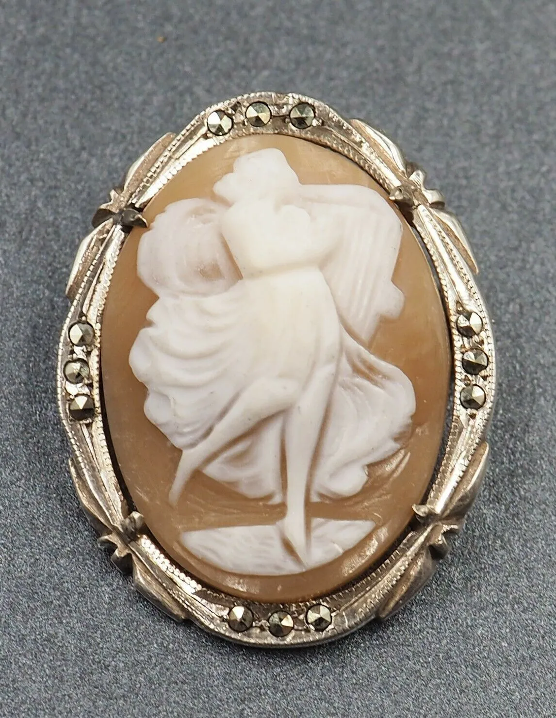 Sterling Silver Marcasite & Shell Cameo Brooch