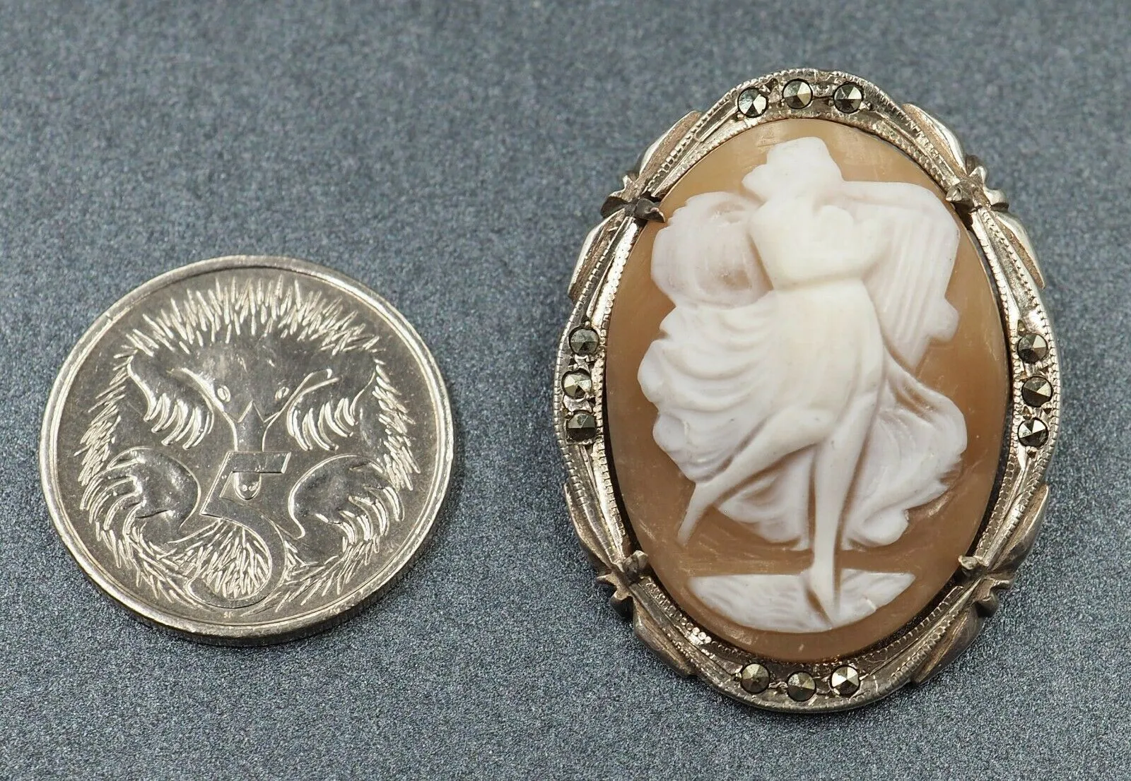 Sterling Silver Marcasite & Shell Cameo Brooch