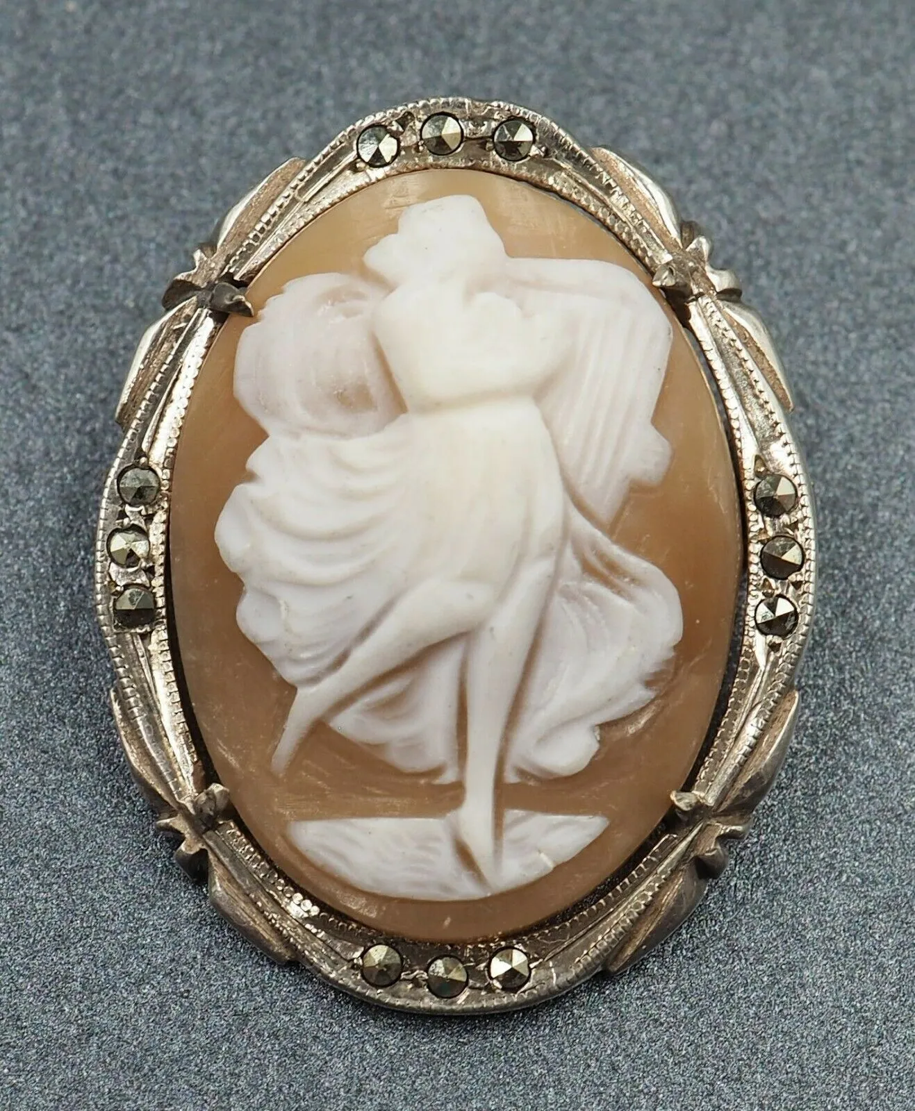 Sterling Silver Marcasite & Shell Cameo Brooch