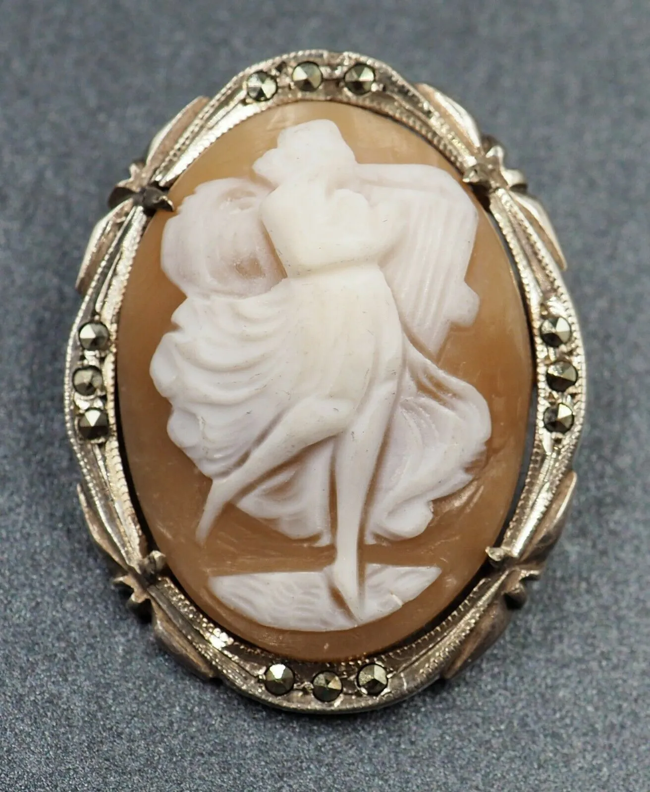 Sterling Silver Marcasite & Shell Cameo Brooch