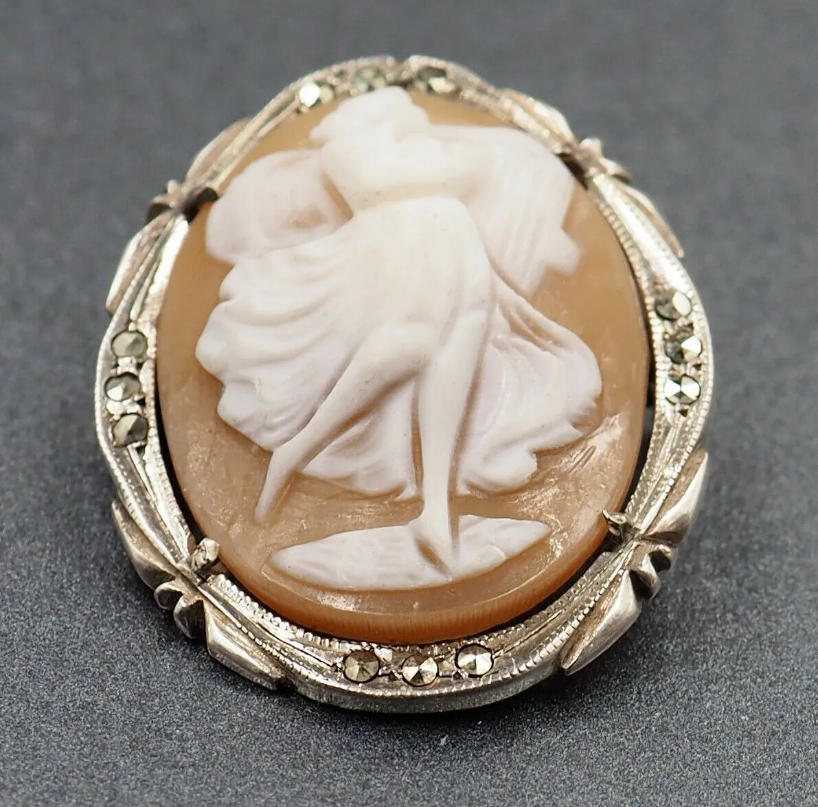 Sterling Silver Marcasite & Shell Cameo Brooch