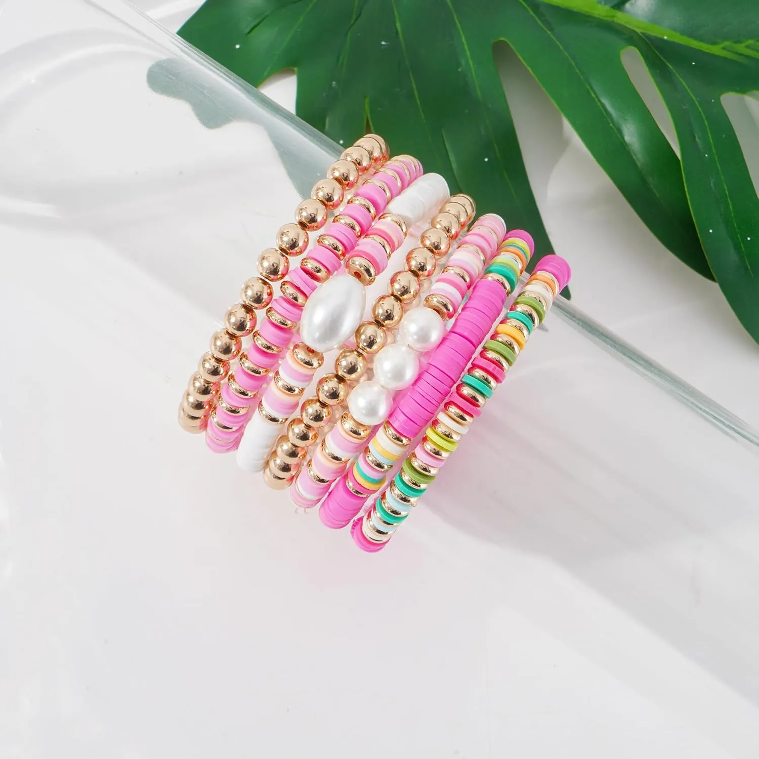 Summer Surfer Heishi Bracelet Set for Women Stackable Gold Clay Ploymer Bead Stretch Pink Beach Layering Bracelets Jewelry