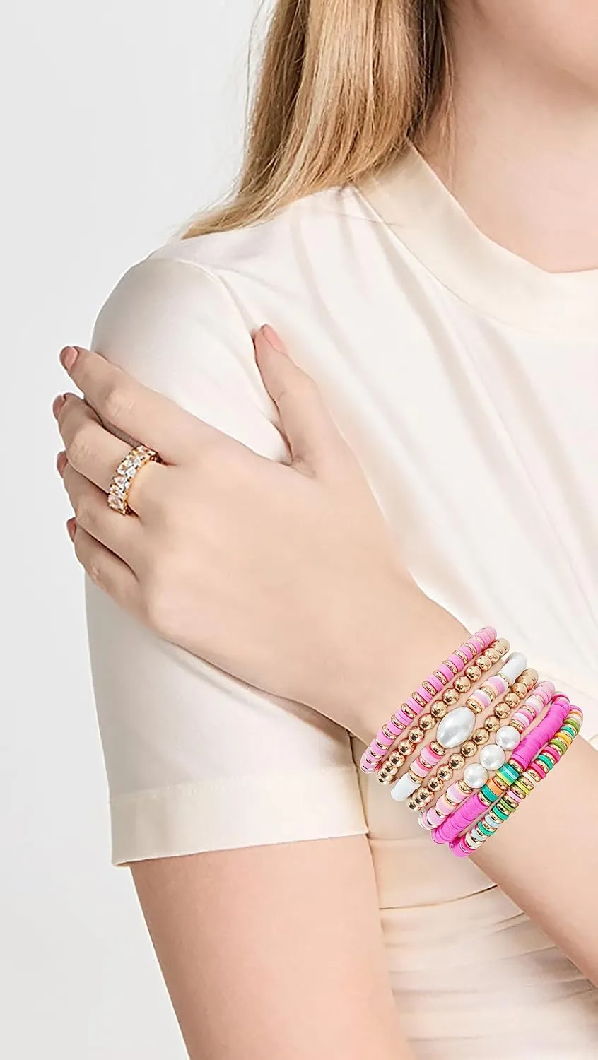 Summer Surfer Heishi Bracelet Set for Women Stackable Gold Clay Ploymer Bead Stretch Pink Beach Layering Bracelets Jewelry