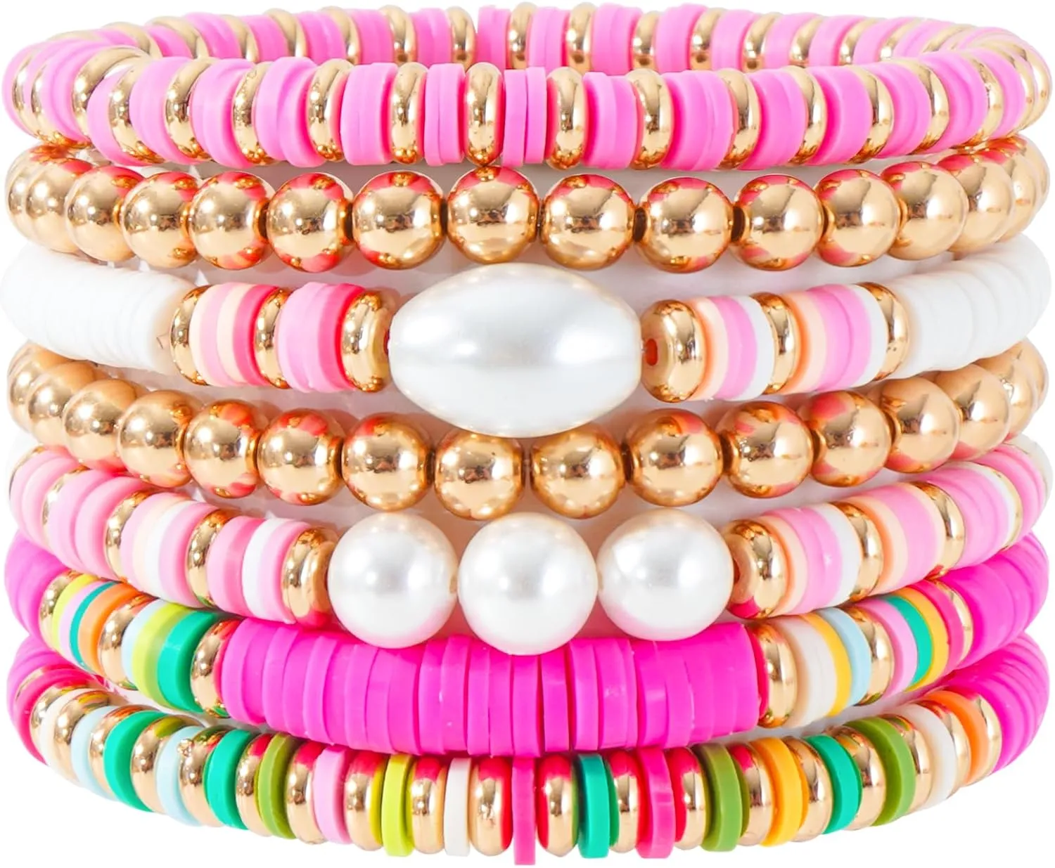 Summer Surfer Heishi Bracelet Set for Women Stackable Gold Clay Ploymer Bead Stretch Pink Beach Layering Bracelets Jewelry