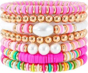 Summer Surfer Heishi Bracelet Set for Women Stackable Gold Clay Ploymer Bead Stretch Pink Beach Layering Bracelets Jewelry