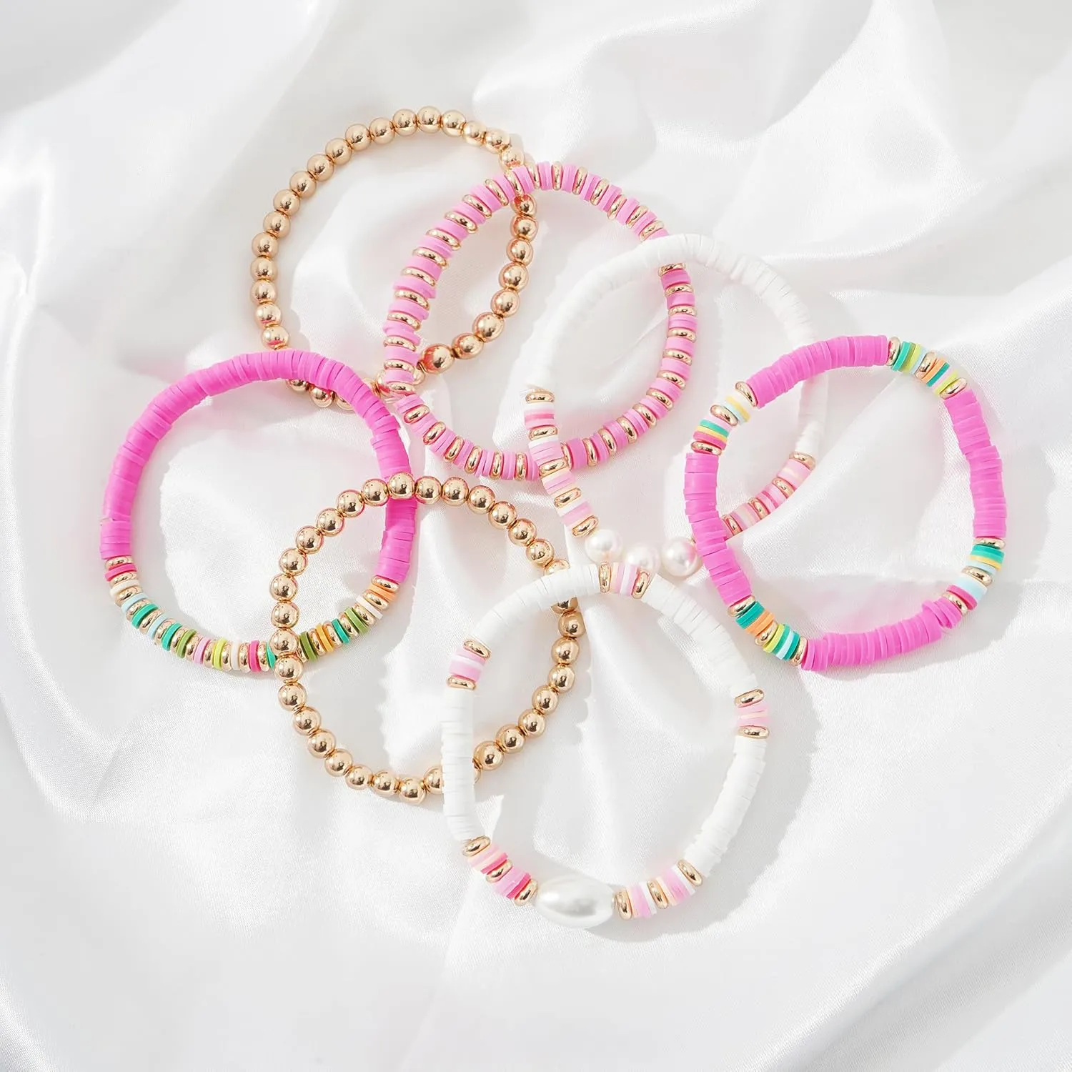 Summer Surfer Heishi Bracelet Set for Women Stackable Gold Clay Ploymer Bead Stretch Pink Beach Layering Bracelets Jewelry