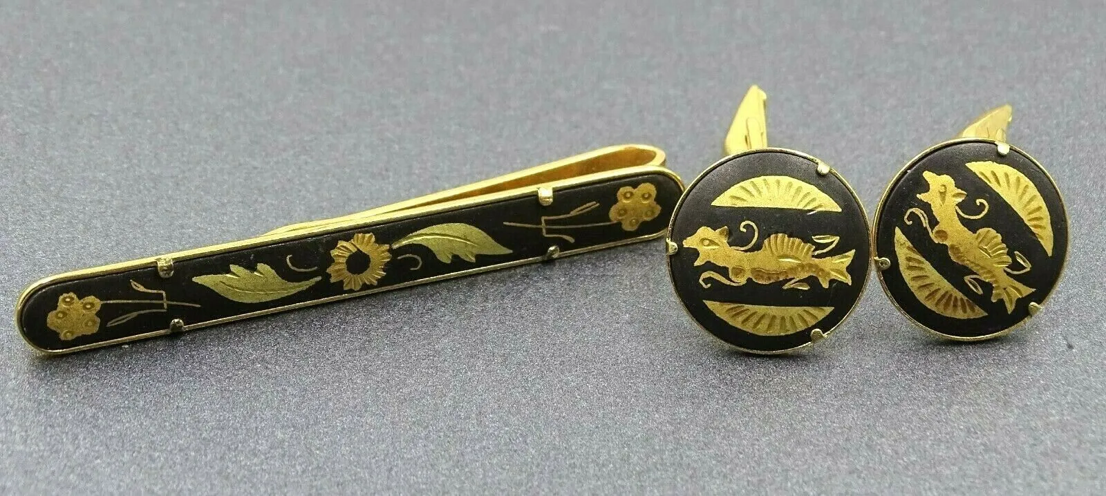 Vintage Gold Tone Dragon Cufflinks & Tie Slide